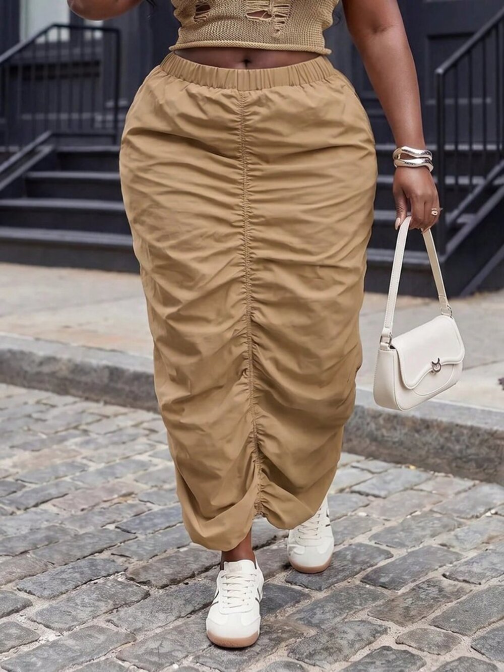 Khaki Casual Women's Plus Size Regular Fit Ruched High-Waist Long Maxi Skirt - Picture 6 of 10